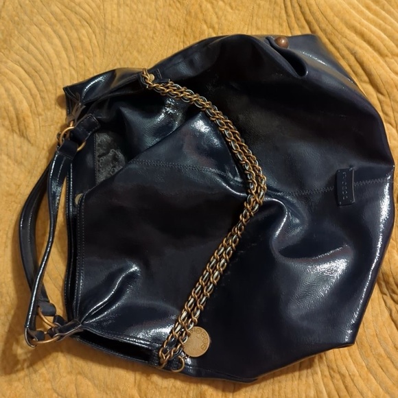 BCBGirls Handbags - BCBGirls Large Shoulder Bag, Patent Leather Navy Blue/Bronze/Black Logo Lining